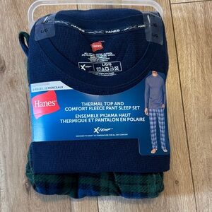 NWT. Hanes Navy Thermal Top and Green Plaid Fleece Pants Set